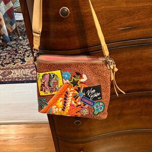 Consuella Brown Crossbody Bag with Colorful Patches